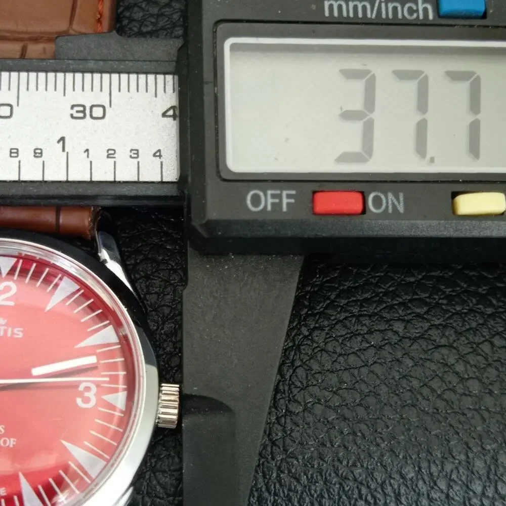 Vintage 1974 Fortis Manual Mens Silver Watch W/Leather Strap & Red accents